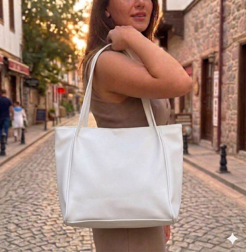 Aldorya Kadın Büyük Boy Omuz Çantası Yumuşak Deri Günlük Alışveriş Ve Kol Çantası Beyaz