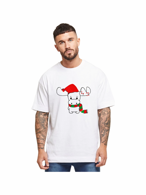 Yılbaşı Noel Ren Geyiği Baskılı Kısa Kollu Oversize Bisiklet Yaka T-shirt - Beyaz