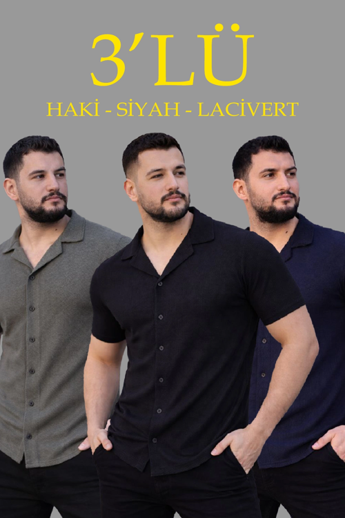 Erkek Waffle Kumaş Yakalı Kısa Kol Düğmeli Gömlek 3’lü Set Siyah-Haki-Lacivert