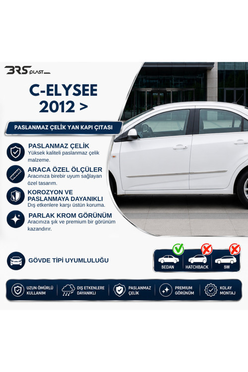 Citroen C-Elysee Uyumlu 2012 ve Üzeri Krom Yan Kapı Çıtası 4 Parça Paslanmaz Çelik