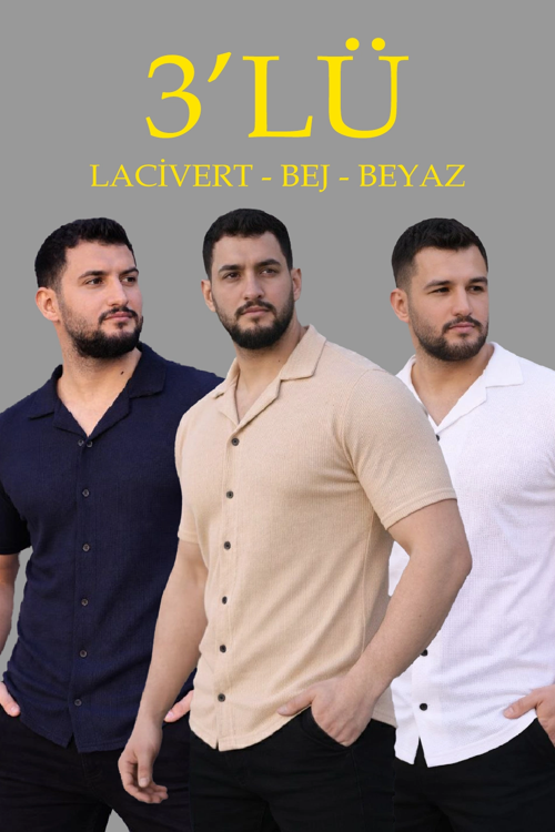 Erkek Waffle Kumaş Yakalı Kısa Kol Düğmeli Gömlek 3’lü Set Bej-Beyaz-Lacivert