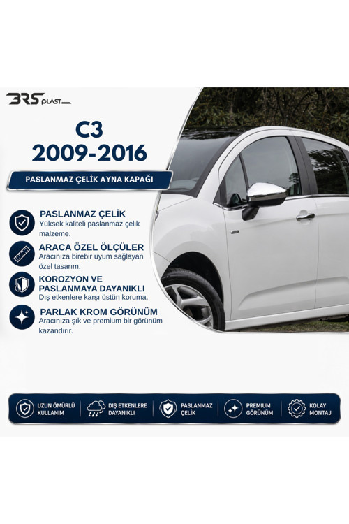 Citroen C3 Uyumlu 2009-2016 Krom Ayna Kapağı 2 Parça Paslanmaz Çelik