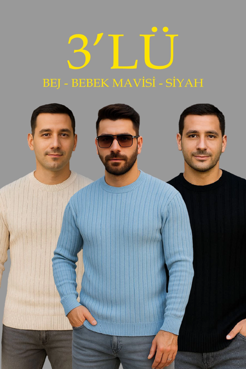 Erkek Fitilli Triko Bisiklet Yaka Kalın Kazak 3'lü Set Bej-Bebek Mavisi-Siyah