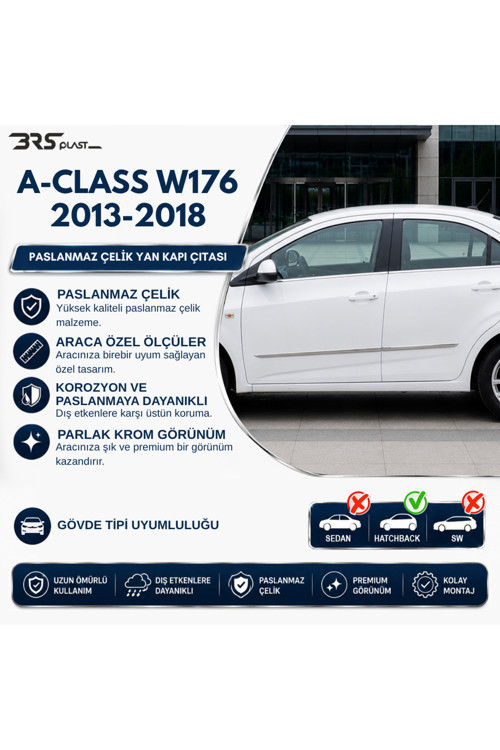 Mercedes A-Class W176 Uyumlu 2013-2018 Krom Yan Kapı Çıtası 4 Parça Paslanmaz Çelik