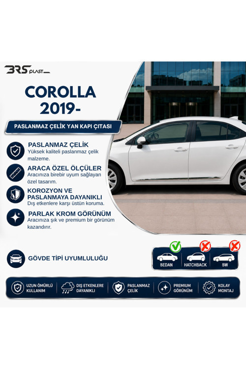 Toyota Corolla Uyumlu 2019 ve Üzeri Krom Yan Kapı Çıtası 4 Parça Paslanmaz Çelik
