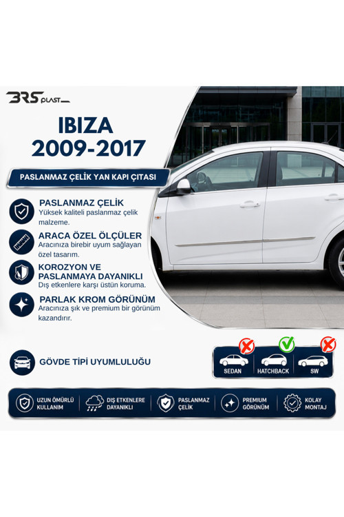 Seat Ibiza IV HB Uyumlu 2009 ve Üzeri Krom Yan Kapı Çıtası 4 Parça Paslanmaz Çelik