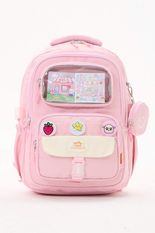 Pembe Kız Çocuk İlkokul Okul Çantası Kawaii Çok Bölmeli Rozetli Sırt Çantası
