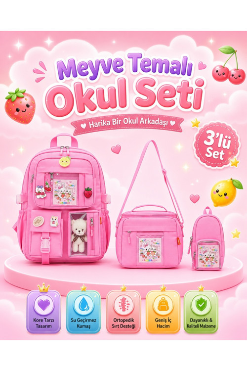 Kore Tarzı 3'lü Kız Çocuk İlkokul Çanta Seti Sırt Çantası / Termal Beslenme Çantası / Kalemlik