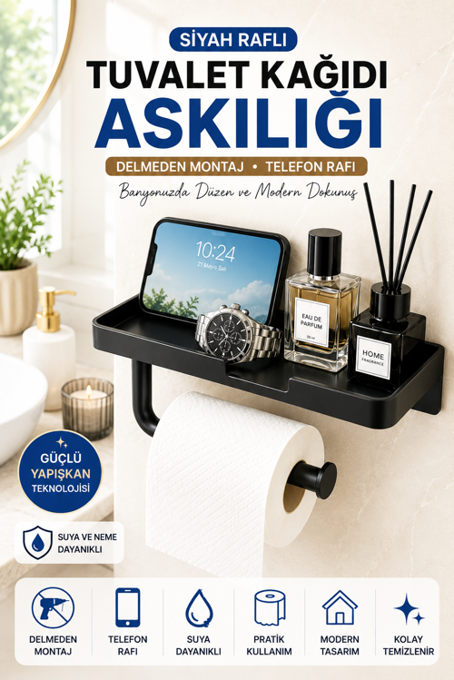 Siyah Yapışkanlı Raflı Tuvalet Kağıdı Askılığı Delmeden Montaj Banyo Organizer Telefon Rafı Askısı