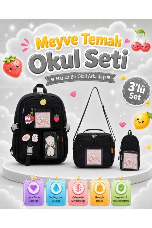 Kore Tarzı 3'lü Kız Çocuk İlkokul Ortaokul Çanta Seti Termal Beslenme Çantası + Kalemlik