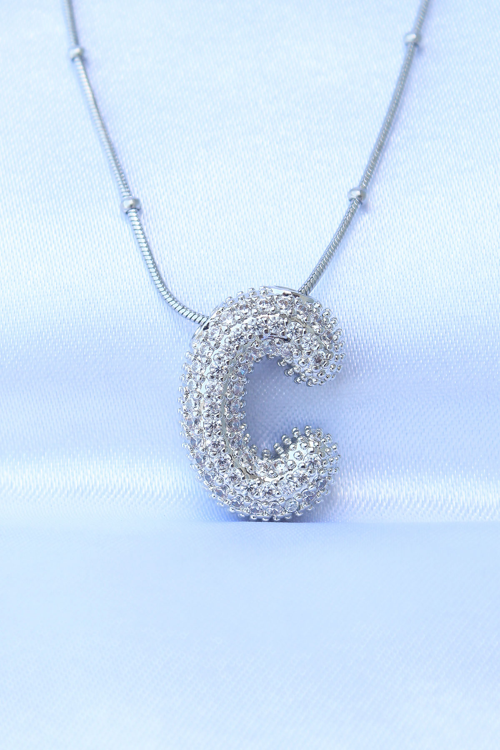 316L Çelik Zincirli Zirkon Taşlı C Harfli Gümüş Renk Bubble Kolye 5886 - GGGGGG4002-2238