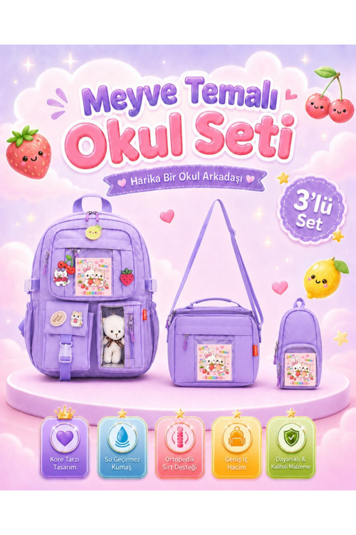 Kore Tarzı Okul Çantası / 3'lü Kız Çocuk İlkokul Çanta Seti Termal Beslenme Çantası / Kalemlik