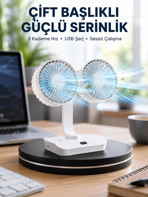 Sessiz Çalışan USB Şarjlı Çift Kafalı Masaüstü Fan – Ev ve Ofis İçin - GGGGGG9261-6404