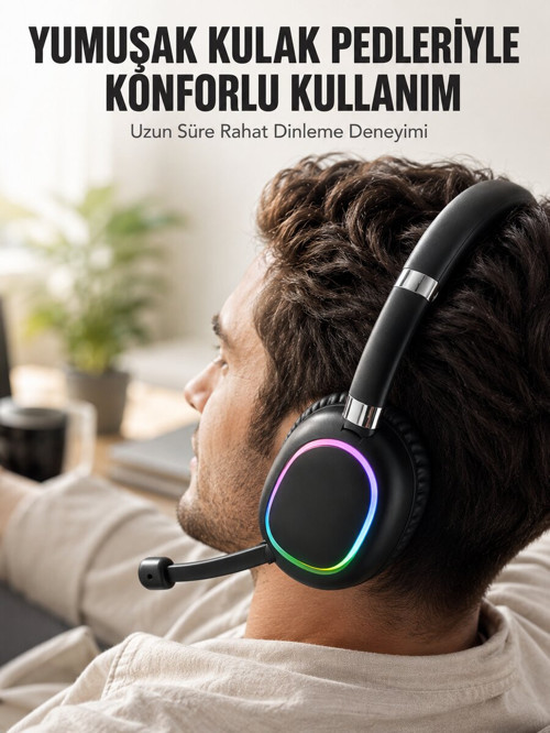 Bluetooth 5.0 RGB Işıklı Mikrofonlu Kablosuz Kulak Üstü Kulaklık - GGGGGG7136-6417