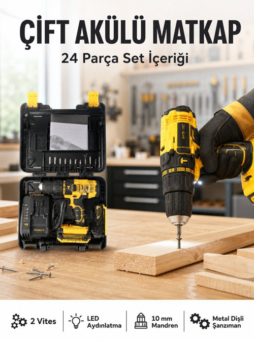Matkap Seti 24 Parça Çift Bataryalı Darbeli Led Işıklı Vidalama Yeni Nesil - GGGGGG5033-5890
