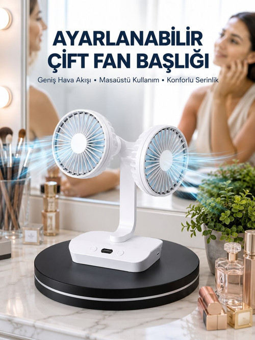 Ayarlanabilir Hızlı Çift Başlıklı Masaüstü Fan – Gece Lambalı Serinletici - GGGGGG2132-2