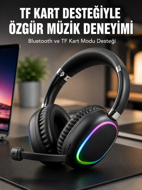 Mikrofonlu Bluetooth Kulak Üstü Kulaklık RGB Aydınlatmalı Type-C Şarjlı - GGGGGG8255-3862