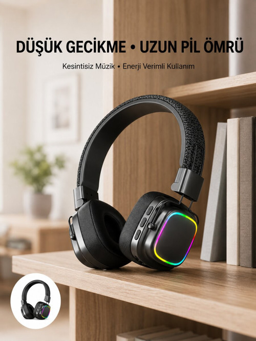 Bluetooth 5.3 Rainbow Işıklı Kulak Üstü Kablosuz Kulaklık Yeni Nesil - GGGGGG1046-8406