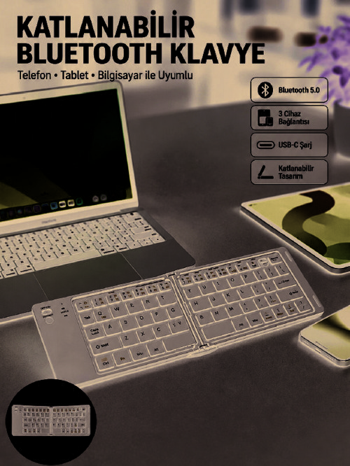Katlanabilir Bluetooth Klavye 3 Cihaz Bağlantılı Kablosuz Taşınabilir Klavye - GGGGGG8831-7304