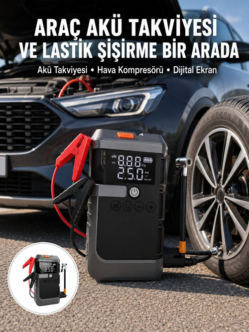Araç İçin 4 Fonksiyonlu Akü Takviye ve Lastik Şişirme Cihazı Yeni Nesil - GGGGGG5753-9853