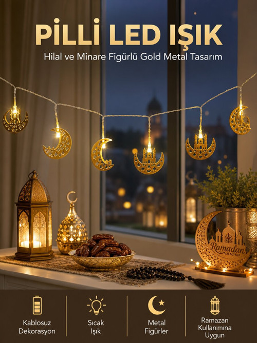 Pilli Minareli Hilal LED Işık Gold Metal Ramazan Dekorasyonu - GGGGGG1571-8508