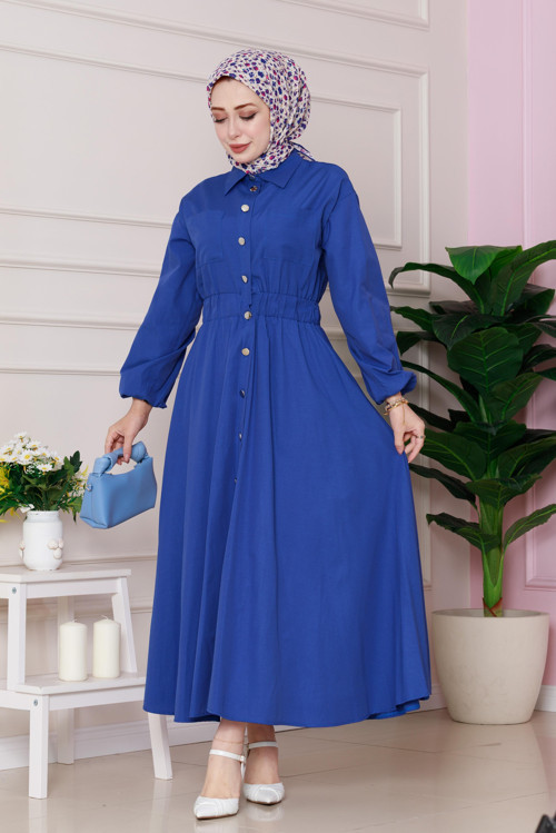 Beli Lastik Detaylı Yasemin Elbise-Saks Mavi