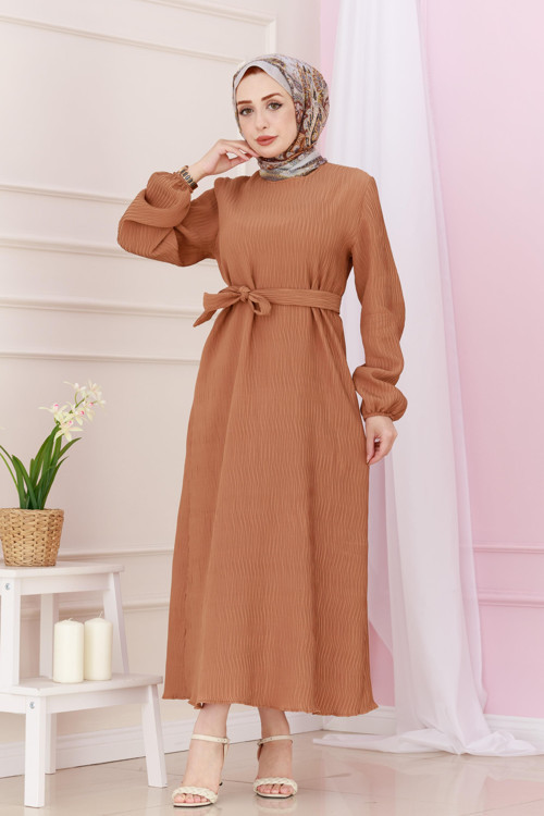 Beli Kuşaklı Luna Tesettür Elbise-Taba