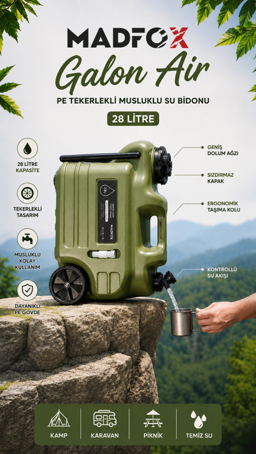 Galon Air PE Tekerlekli Musluklu Su Bidonu 28 Litre GREEN