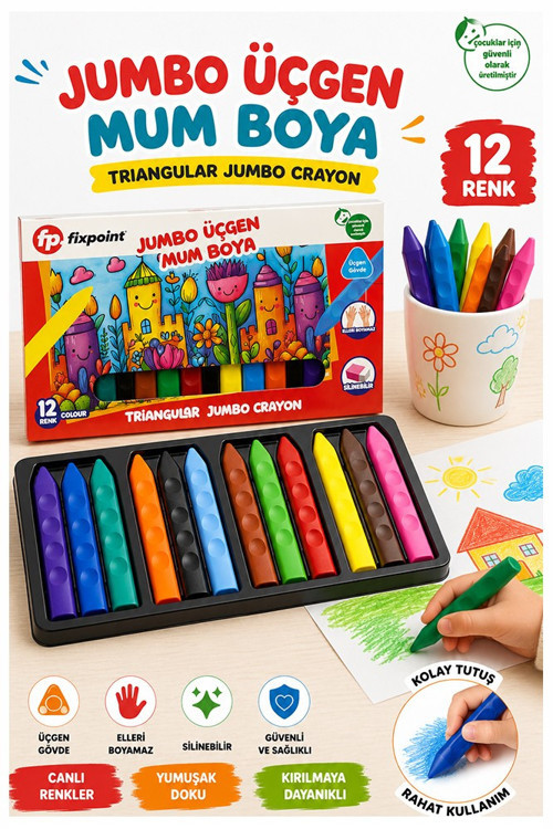 Jumbo Üçgen Mum Boya 12 Li 1 Paket Fixpoint 12 Renk Üçgen Mumboya Elleri Kirletmeyen Yıkanabilir Silinebilir Karton Kutu