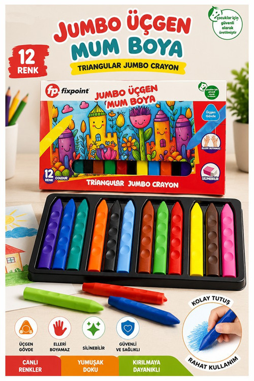 Jumbo Üçgen Mum Boya 12 Li 1 Paket Fixpoint 12 Renk Üçgen Mumboya Elleri Kirletmeyen Yıkanabilir Silinebilir Karton Kutu