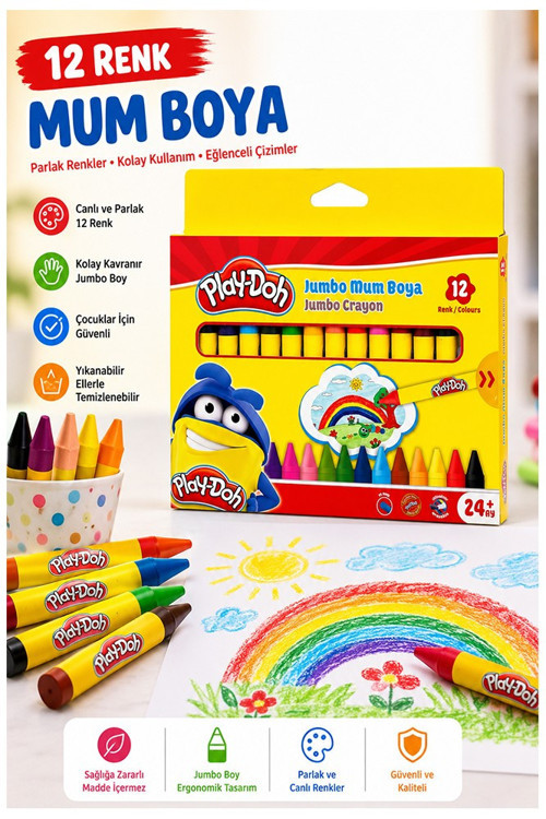 Jumbo Mum Boya 12 Li 1 Paket Play-Doh 12 Renk Mumboya Elleri Kirletmeyen Yıkanabilir Silinebilir Karton Kutu