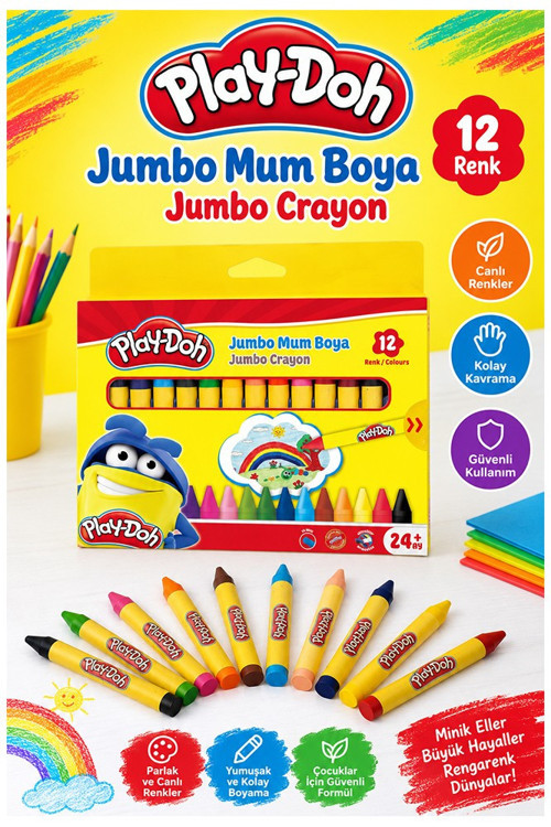 Jumbo Mum Boya 12 Li 1 Paket Play-Doh 12 Renk Mumboya Elleri Kirletmeyen Yıkanabilir Silinebilir Karton Kutu