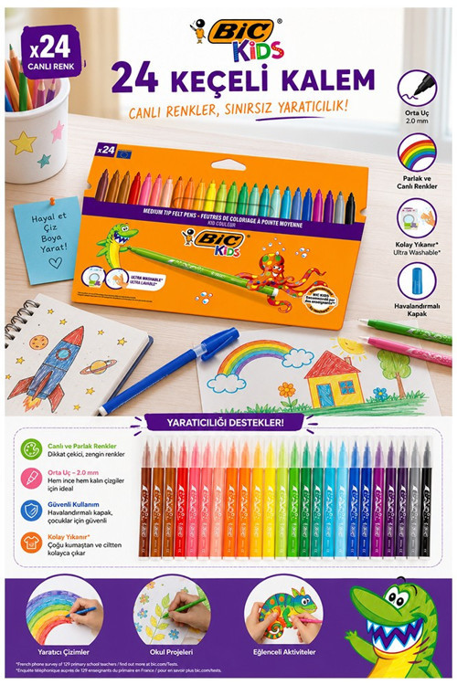 Keçeli Kalem 24 Renk 1 Paket Bic Kid Couleur 24 lü Keçeli Kalem Canlı Renkler Yıkanabilir Kaliteli Okul Öğrenci