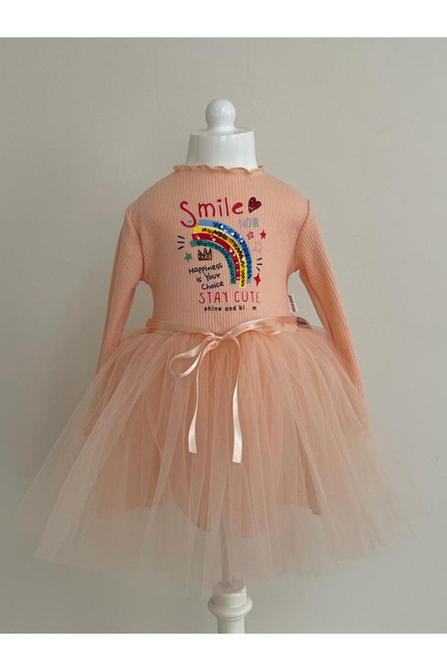 Pamuk Astarlı Uzun Kollu Smile Baskılı Tüllü Kız Çocuk Elbise