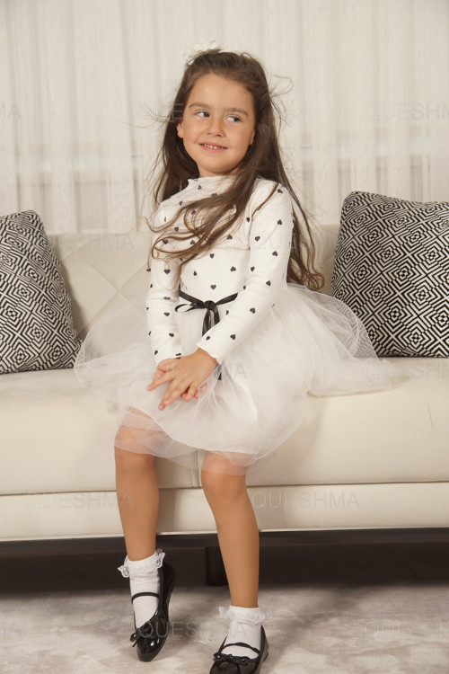Kız Bebek Çocuk Prenses Kabarık Tütü Kalpli Uzun Kol Esnek Likralı Elbise