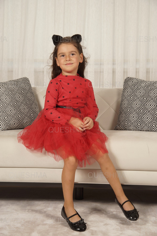 Kız Bebek Çocuk Prenses Kabarık Tütü Elbise Puantiyeli Uzun Kol Esnek Likralı Kırmızı
