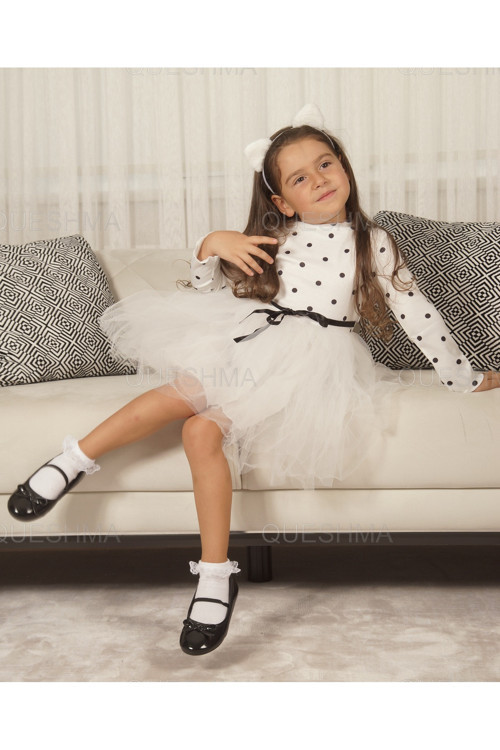 Kız Bebek Çocuk Prenses Kabarık Tütü Elbise Puantiyeli Uzun Kol Esnek Likralı Beyaz
