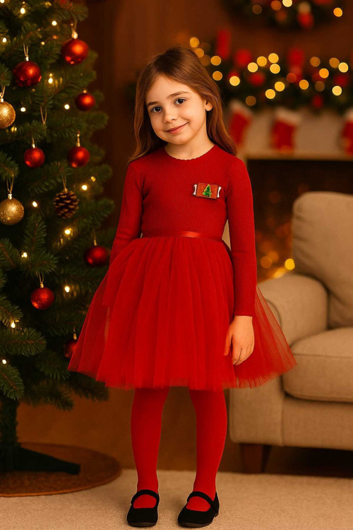 Yeni Yıl Kız Çocuk Tüllü Elbise Yılbaşı Çam Ağacı Broş Detaylı Christmas Noel Party