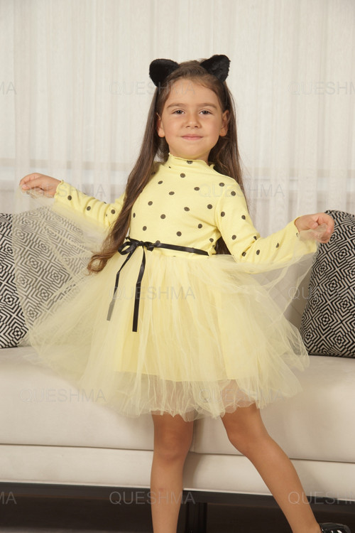 Kız Bebek Çocuk Prenses Kabarık Tütü Elbise Puantiyeli Uzun Kol Esnek Likralı Sarı