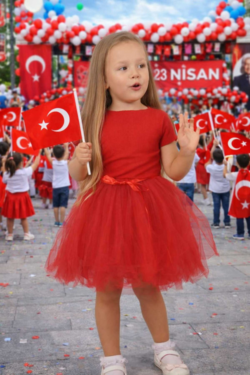 Astarlı Tütülü Kısa Kollu Mezuniyet Bayram 23 Nisan Gösteri Elbisesi