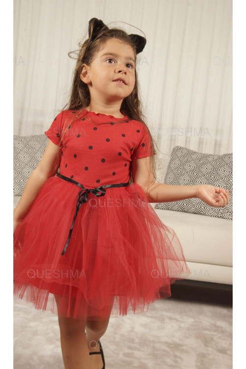 Kız Bebek Çocuk Prenses Kabarık Tütü Elbise Puantiyeli Kısa Kol Esnek Likralı