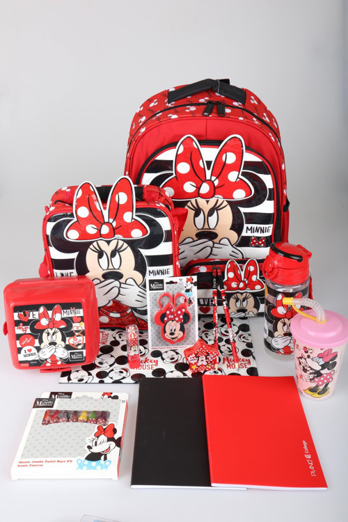 x Dekomus Lisanslı Minnie Mouse Full Kırtasiye Seti Büyük Boy Okul,Beslenme ve Kalem Çantası,Beslenme Kabı,Matara,Çıtçıt
