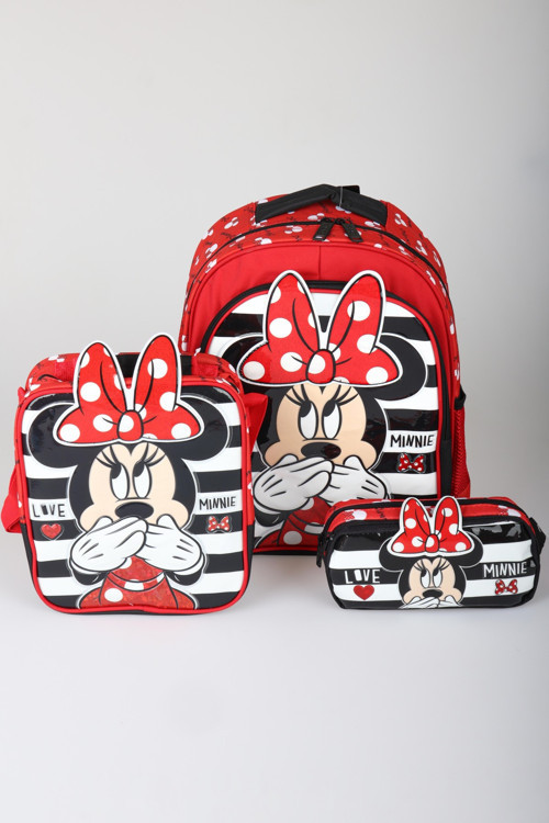 x Dekomus Lisanslı Minnie Mouse Büyük Boy Okul Çantası,Beslenme Çantası ve Kalem Çantası Seti