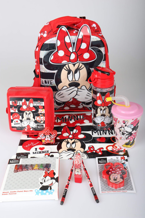 x Dekomus Lisanslı Minnie Mouse Kırtasiye Seti Tek Bölmeli Küçük Boy Anaokul Çantası,Matara,Beslenme Kabı,Çıtçıt Dosya S