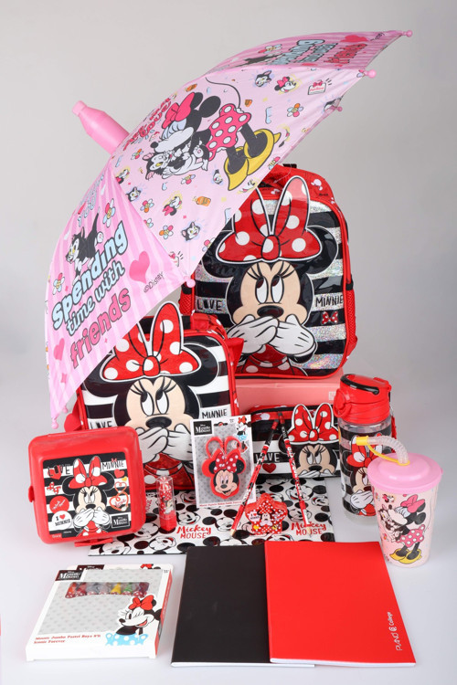 x Dekomus Lisanslı Minnie Mouse Şemsiyeli Full Kırtasiye Seti Tek Bölmeli Küçük Boy Anaokul,Beslenme ve Kalem Çantası,Ma