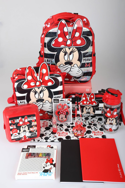 x Dekomus Lisanslı Minnie Mouse Full Kırtasiye Seti Tek Bölmeli Küçük Boy Anaokul,Beslenme ve Kalem Çantası,Matara,Besle