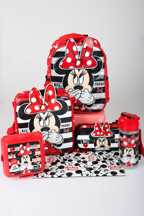 x Dekomus Lisanslı Minnie Mouse Tek Bölmeli Küçük Boy Anaokul,Beslenme ve Kalem Çantası,Matara,Beslenme Kabı,Çıtçıt Dosy
