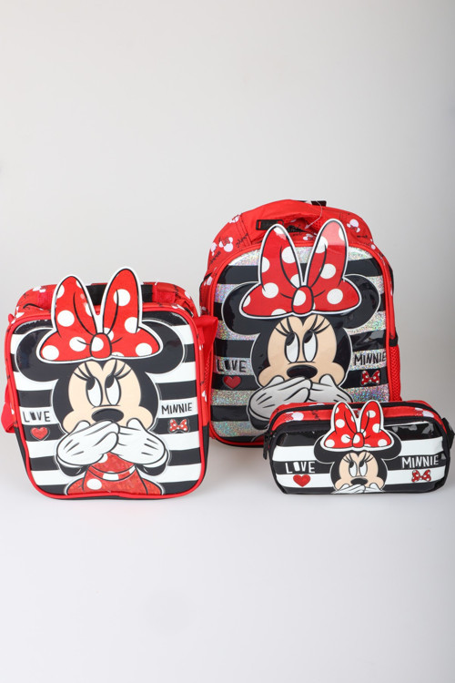 x Dekomus Lisanslı Minnie Mouse Tek Bölmeli Küçük Boy Anaokul Çantası,Beslenme Çantası ve Kalem Çantası Seti