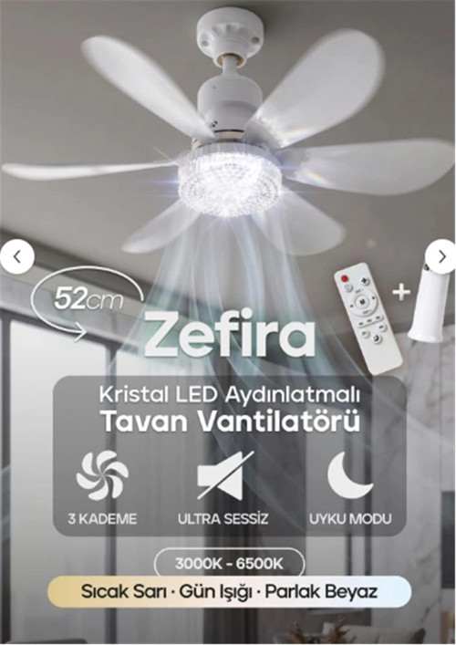 Feny Fn-F82 Zefira 3 Kademe Ultra Sessiz Uyku Mod 3000k-6500K Kristal Led Tavan Vantilatörü Kumanda