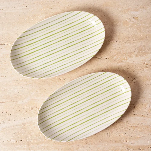 Yeşil çizgi desenli Elips 2li 25 cm Porselen Kayık Tabak